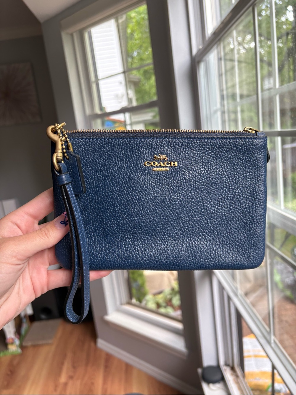 Coach Navy Pebbled Leather Wristlet with Gold Hardware